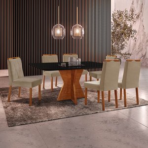 Conjunto Sala de Jantar Mesa Madri160x90cm Tampo Retângular Vidro Preto com 6 Cadeir