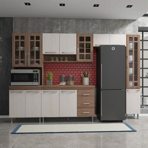 Cozinha Modulada Completa Fidelitá Paris 5 Peças 295cm 13 Portas 3 Gavetas com Tampo