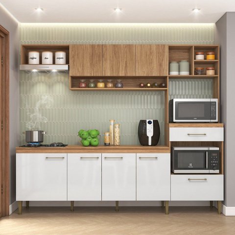 Cozinha Completa Modulada 5 Peças com Torre Quente e Balcão com Tampo 240cm Inova Yescasa Mel/Branco