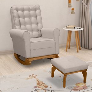 Poltrona de Amamentação Paris Base Balanço C/ Puff Retrô Linho Bege