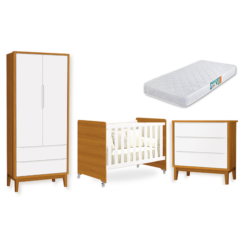 Quarto de Bebê Berço Evolution + Guarda Roupa Classic + Cômoda 3 Gavetas Classic Savana com Colchão