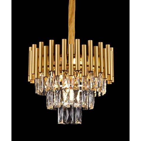 Lustre Pendente Redondo Metal Dourado e Cristais 5E14 38cm PARIS LUZ