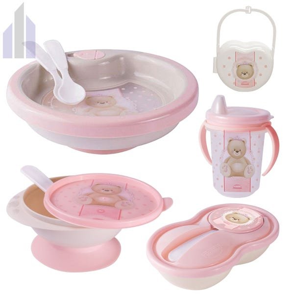 Kit Baby Ursa Prato Térmico Tigela com Ventosa Pote Papinha Caneca Trio Porta Chupeta