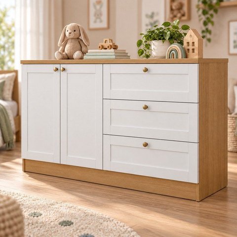 Quarto Infantil com Cômoda 3 Gavetas e Armário 2 Portas Provençais 100% MDF Infinity Bege/Savana/Bra