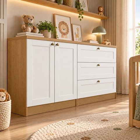 Quarto Infantil com Cômoda 3 Gavetas e Armário 2 Portas Provençais 100% MDF Infinity Bege/Savana/