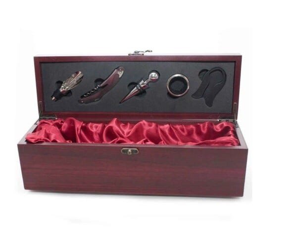 Kit Porta Vinho Caixa De Madeira Luxo Metal com Acessórios