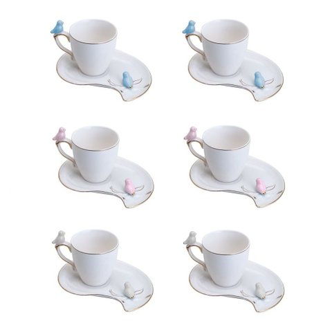 Cj 6 Xícaras P/café C/pires Curvado Porcelana Birds Design Plate Colorido 90ml Wolff