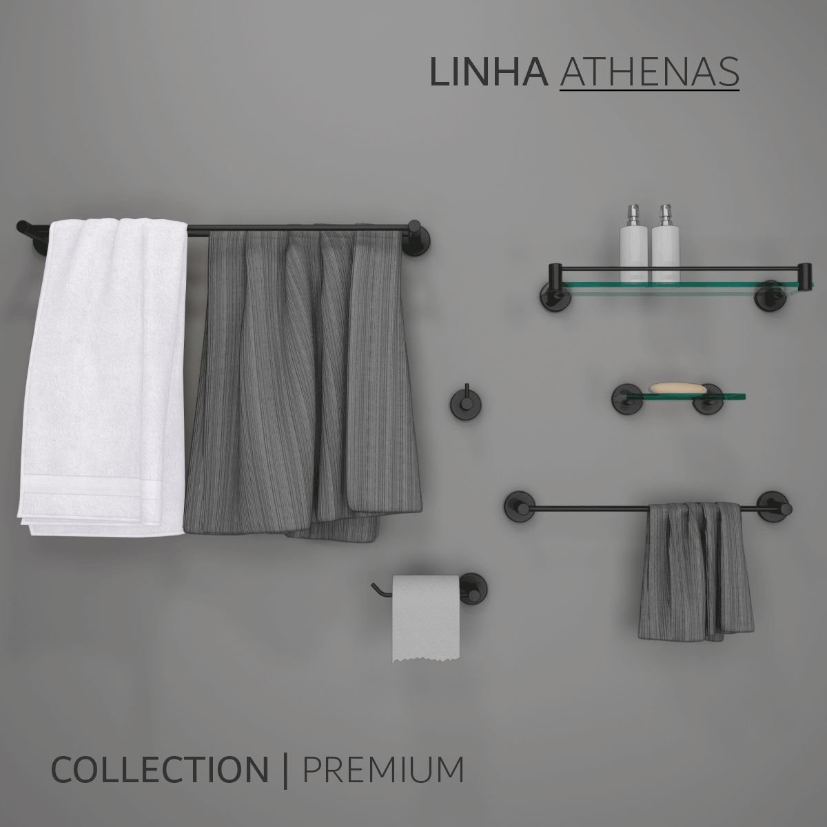 Kit Acessórios para Banheiro 3 Peças Grego Metal Completo Suporte Redondo Preto Fosco Athenas - 6