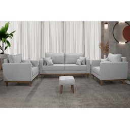 Kit Sofá 3 Lugares e 2 Poltronas Beny com Base em Madeira Linho Cinza Ideal Móveis - 1