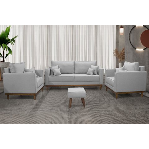 Kit Sofá 3 Lugares e 2 Poltronas Beny com Base em Madeira Linho Cinza Ideal Móveis