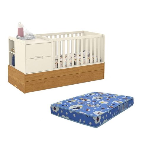 Berço Multifuncional Formare com Cama Auxiliar Off White/Freijó e Colchão Baby Physical - Matic M