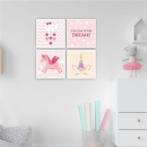 QUADRO 30X30CM 4PÇS UNICÓRNIO ROSA MOLD B. VIDRO