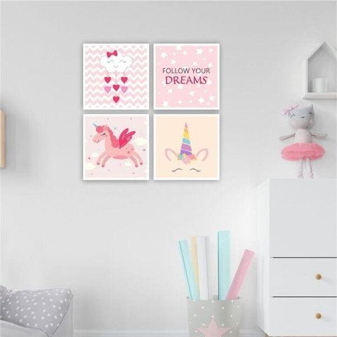 QUADRO 30X30CM 4PÇS UNICÓRNIO ROSA MOLD B. VIDRO