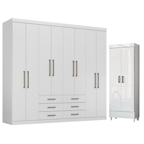 Guarda Roupa Casal 8 Portas 6 Gavetas Master e Armário Multiuso com Pés Fit Branco Brilho - Santos a
