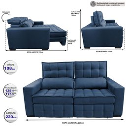 Sofá Retrátil e Reclinável 2,20M Molas Ensacadas e Costura Tripla Cama Inbox Nobre Suede Azul - 2