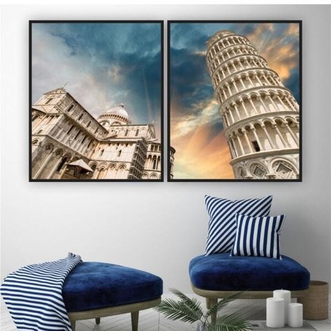 QUADRO 60X50CM 2PÇS TORRE DE PISA AZUL MOLD PRETA