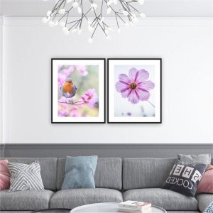 QUADRO 60X50CM 2PÇS FLOR PÁSSARO ROSA MOLD PRETA