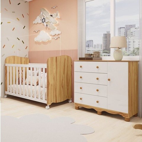 Quarto de Bebê Berço Americano e Cômoda 1 Porta 100% MDF Mimo Espresso Móveis Branco Brilho/Amêndoa