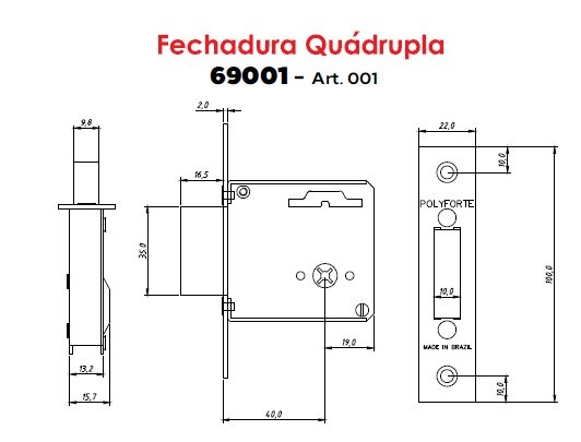 Fechadura Auxiliar Tetra Polyforte CR - 69001 - 3