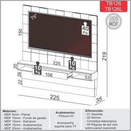 Painel TV 75" Home Theather Quadriculado 3d 2,25m 100% Mdf Tb126 Pradel Móveis Dalla Costa - 2