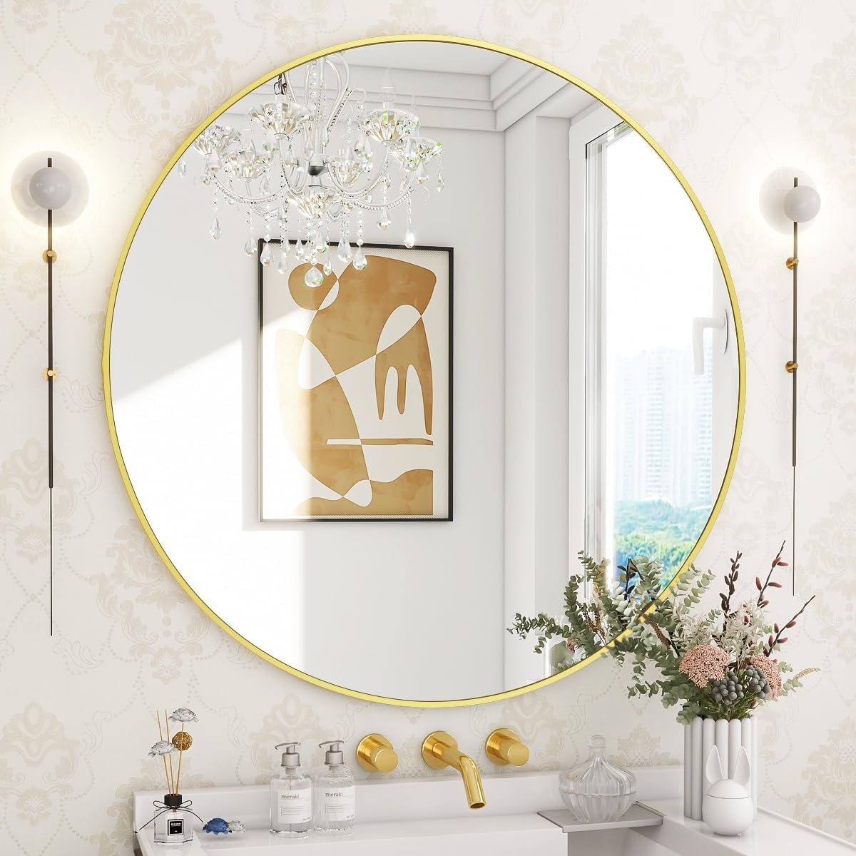 Ver imagem 4 de Espelho Redondo com Moldura Dourada Iluminado com Led Quente 70cm