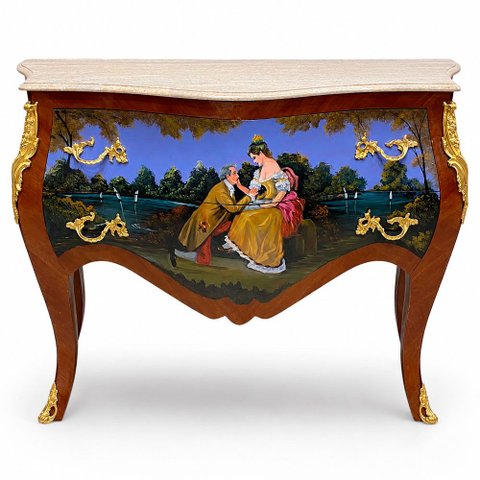 Cômoda Clássica com Pintura Vitoriana a Mão 2 Gavetas e Apliques em Bronze 88x129x54 cm