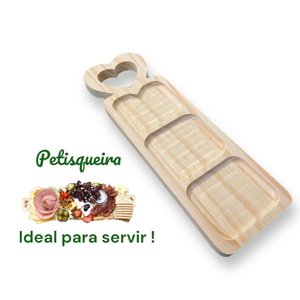 Petisqueira Madeira com 3 Divisórias e Alça Coração 34x10,5cm