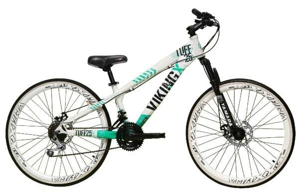 Bicicleta aro 26 Vkingx Tuff Alumínio 21v Freio Disco Suspensão Freeride - Branco/Verde Vmaxx Preto