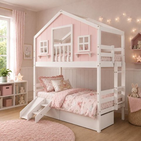 Beliche Infantil Casinha Dos Sonhos com Escorregador Madeira Maciça Rosa e Branco Megamobília