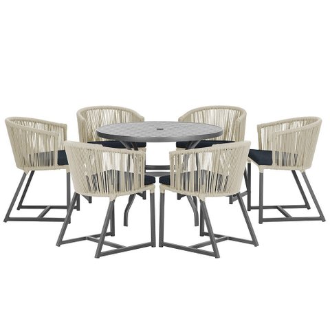 Mesa com 6 Cadeiras de Jantar Roma 120cm e Noronha em Alumínio Preto Corda Náutica Estofado 12 Trama