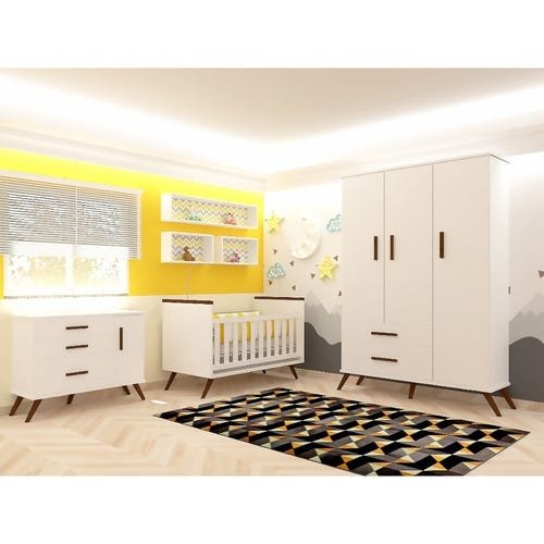 Quarto Infantil Retrô Completo Gabi Branco - Roupeiro, Cômoda e Berço