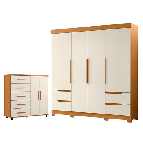 Guarda Roupa Solteiro Vivacce 04 Portas e Cômoda Toronto Cinamomo Off White - Móveis Albatroz