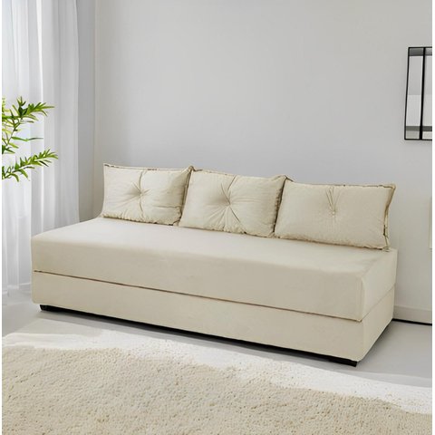 Sofá Cama 3em1 em Tecido Suede com Almofadas - Sofá que Vira Cama Multifuncional :bege