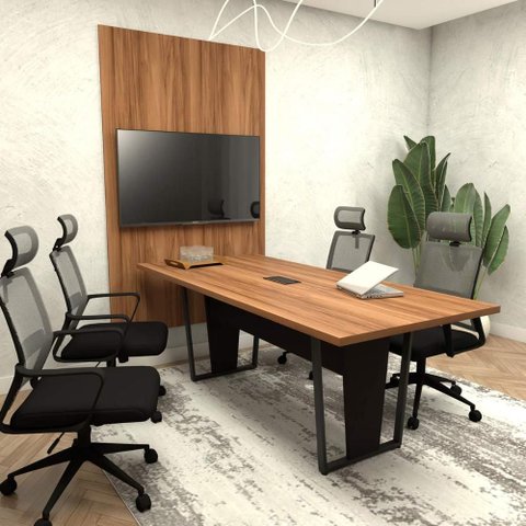 Conjunto Escritório Mesa 2m Caixa Tomada e Painel TV Ng F5 Cor:Nogal com Preto
