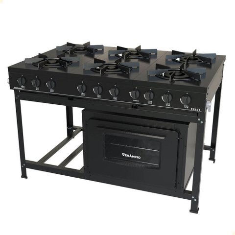 Fogão Industrial Venâncio a Gás Bravo 6 Bocas com Forno Preto Br6bfpr