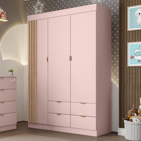 Guarda Roupa Infantil Ayla 3 Portas e 4 Gavetas Rosê Acetinado - Phoenix Baby