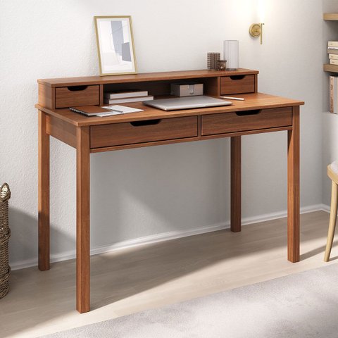Mesa Escritório Compacta 2 Nichos 4 Gav Retrô Home Office Madeira Castanho Verniz Raul Idimex