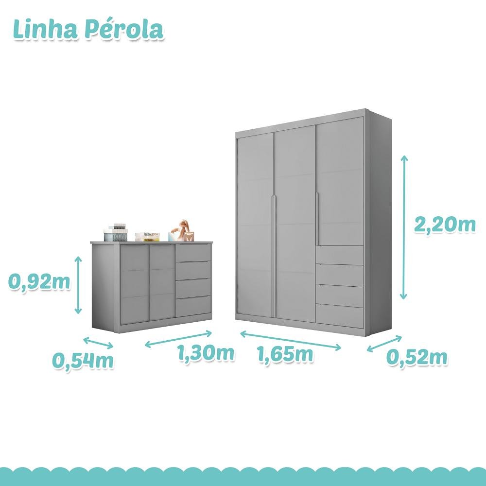 Quarto Infantil Completo Perola com Guarda Roupa 3 Portas e Cômoda 2 Portas Cinza - Phoenix Baby - 4