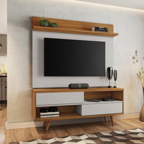 Kit Conjunto Rack Painel para Tv até 50" 2 Portas 2 Prateleiras Sala Estar Marrom Madeira Off