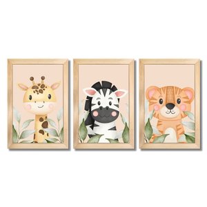 Kit 3 Quadros Safari Aquarela Infantil Quarto Vidro 20x30cm Arte na Arte Safari Aquarela com Vidro M