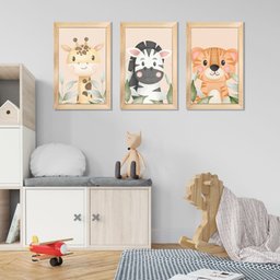 Kit 3 Quadros Safari Aquarela Infantil Quarto Vidro 20x30cm Arte na Arte Safari Aquarela com Vidro M - 3