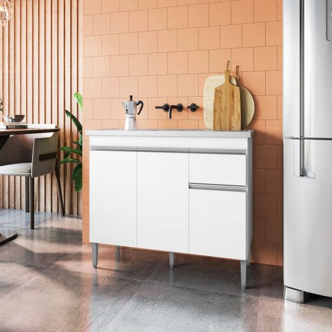 Balcão de Cozinha para Pia 120cm 3 Portas 1 Gaveta sem Tampo Tatiane MDP Branco Multiuso Lavanderia