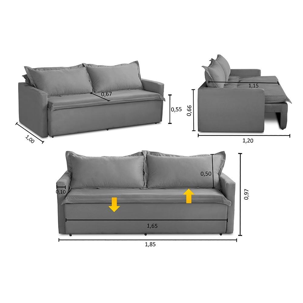 Sofá sem Caixa Retrátil e Reclinável 1,85m com Molas Kiara Suede Cinza Adonai Estofados - 3