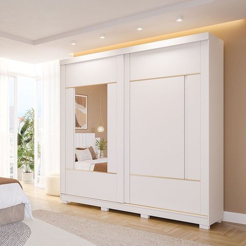 Guarda-Roupa Casal 229cm MDF 2 Portas de Correr com Pés e 2 Espelhos Talin Branco
