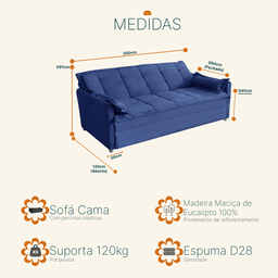 Sofá Cama 2,00m 3 Lugares Suede Vienna Azul - 7