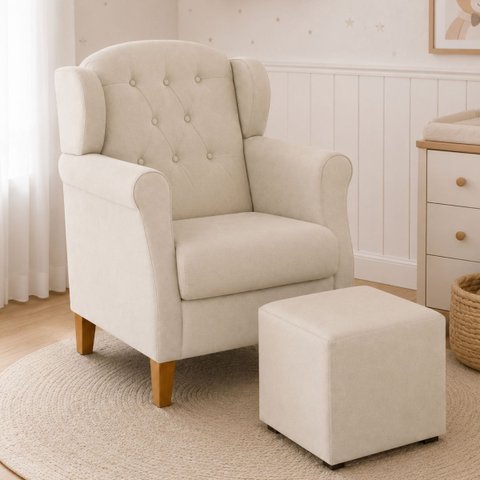 Poltrona de Amamentação e Descanso com Puff para Quarto de Bebê Bege