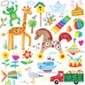 Papel de Parede crianças felizes doodle mão desenhada girafa cavalo brinquedos caminhão navio sapo p - 1