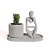 Conjunto Decorativo 3 Peças Estátua Pensadora Vaso Contemporâneo e Bandeja Cinza - 1