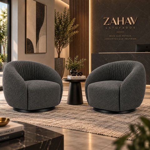 Kit 2 Poltrona Giratória 360° Orgânica Bouclé Sala Nuvem:Bouclê/Cinza Escuro