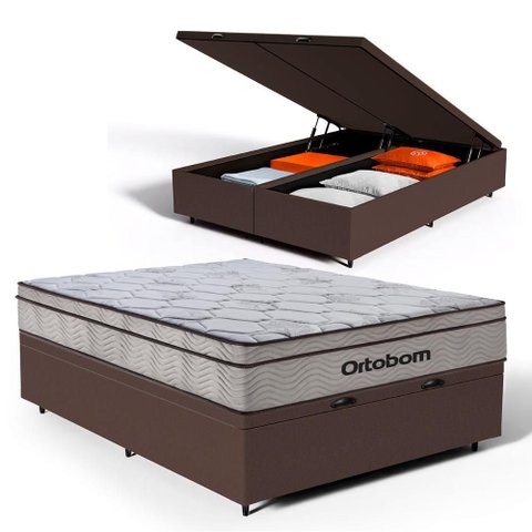 Cama Box Baú com Colchão Ortobom de Molas Ensacadas Pillow In Pro Vida Queen 158cm